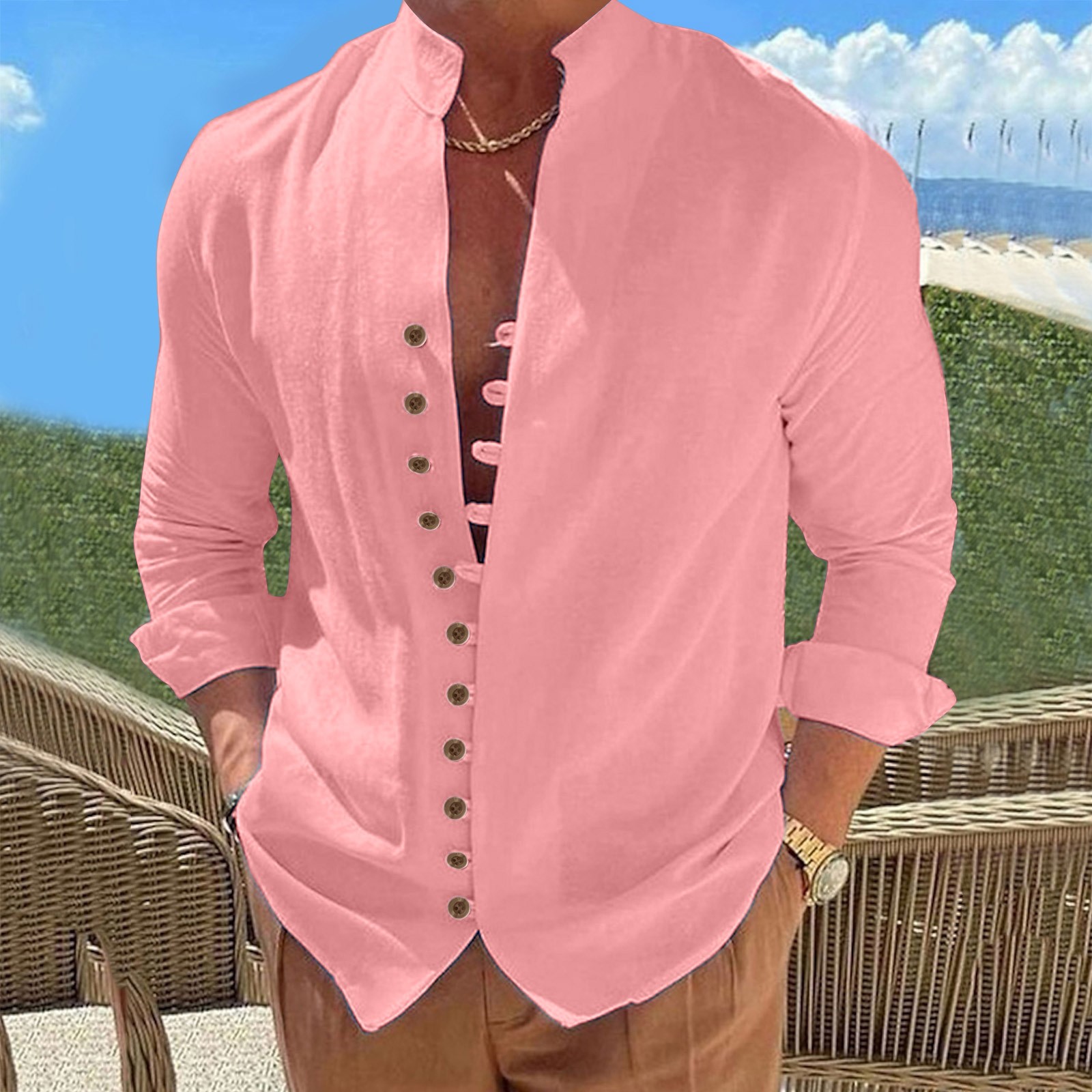 thumbnail image 2 of Camisa retro de algodón y lino de manga larga con botones para hombre: prenda informal para vacaciones en la playa, corte holgado, para todas las estaciones., 2 of 4